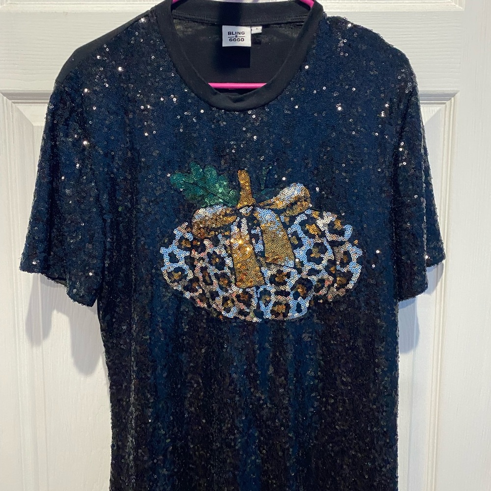Black Sequin Top with Pumpkin Design